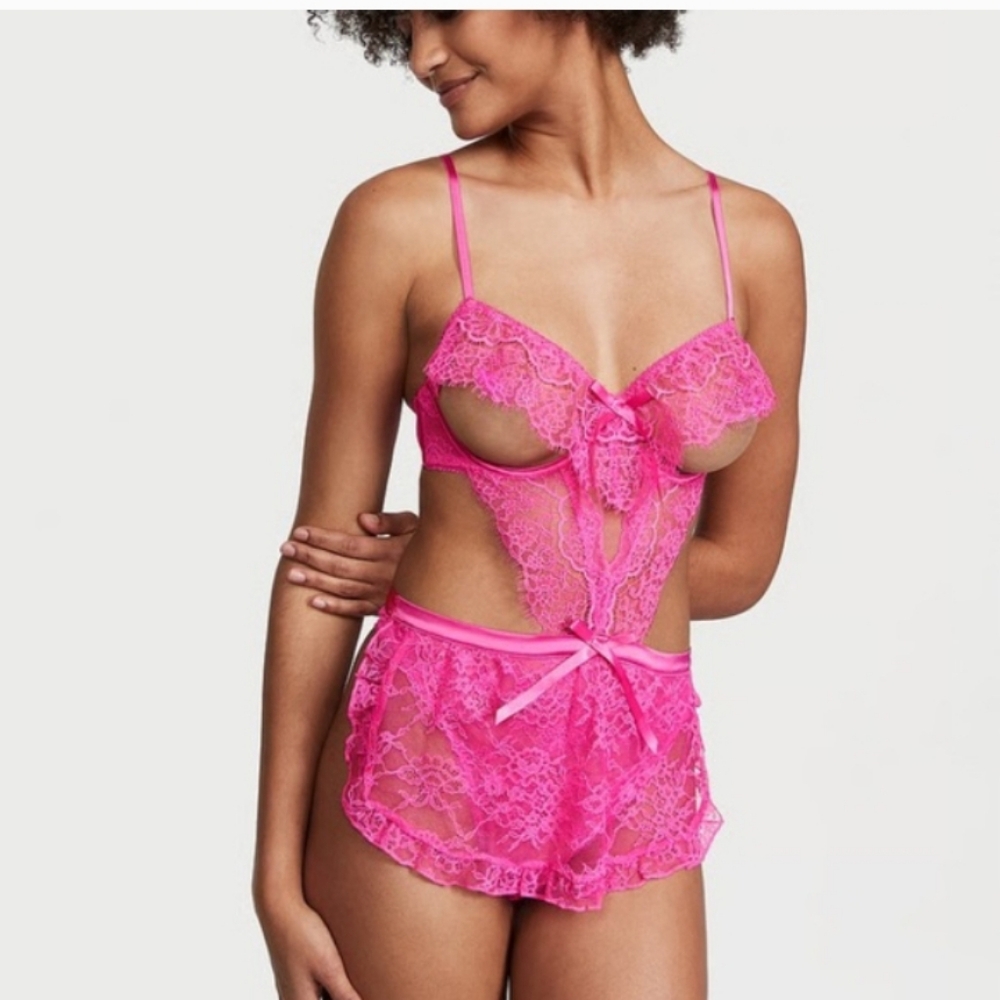 Victoria's Secret Vibrant Pink Lace One Piece XL